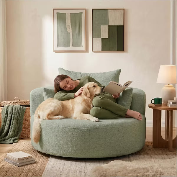 360° Modern Swivel Barrel Accent Chair in Premium Chenille Sofa- Round Oversized Cuddle Chair with 3 Toss Pillows for Contemporary Living Spaces