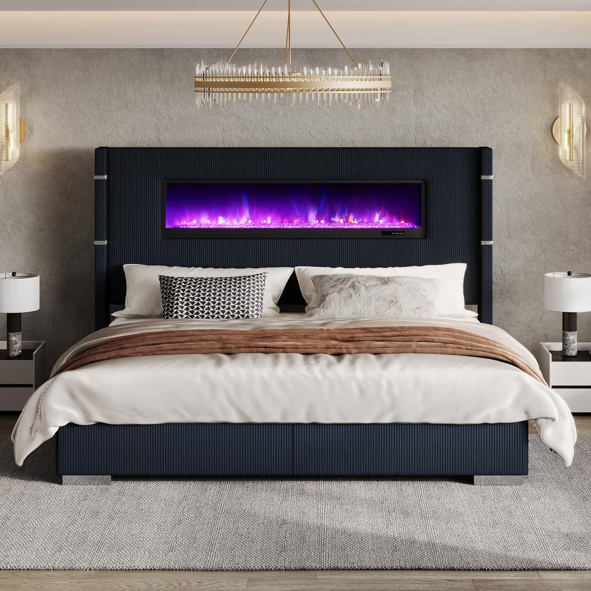 AMERLIFE Modern Bed Frame with Fireplace, Wingback Platform Bed Frame with 60.4“ Extra Tall Headboard