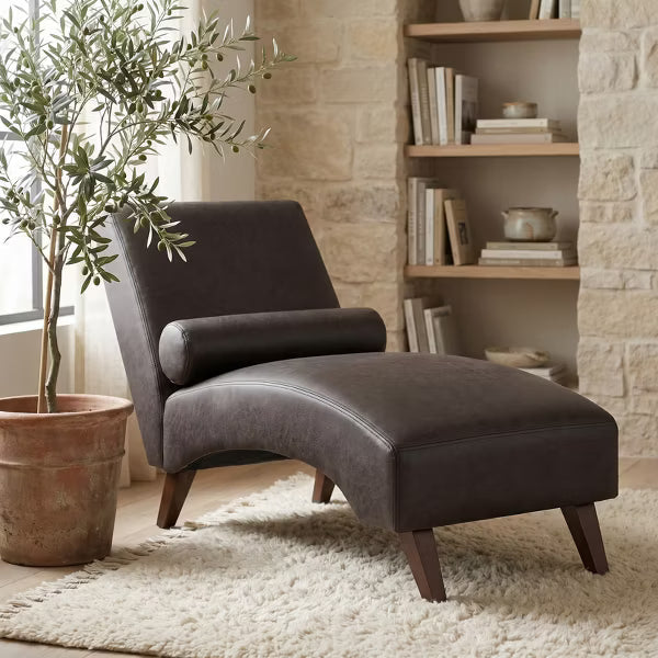 Mid-Century Modern Chaise Lounge Chair, Curved Tech Fabric Lounger with Bolster Pillow for Living Room, Bedroom, 400 lbs Capacity, Dark Gray