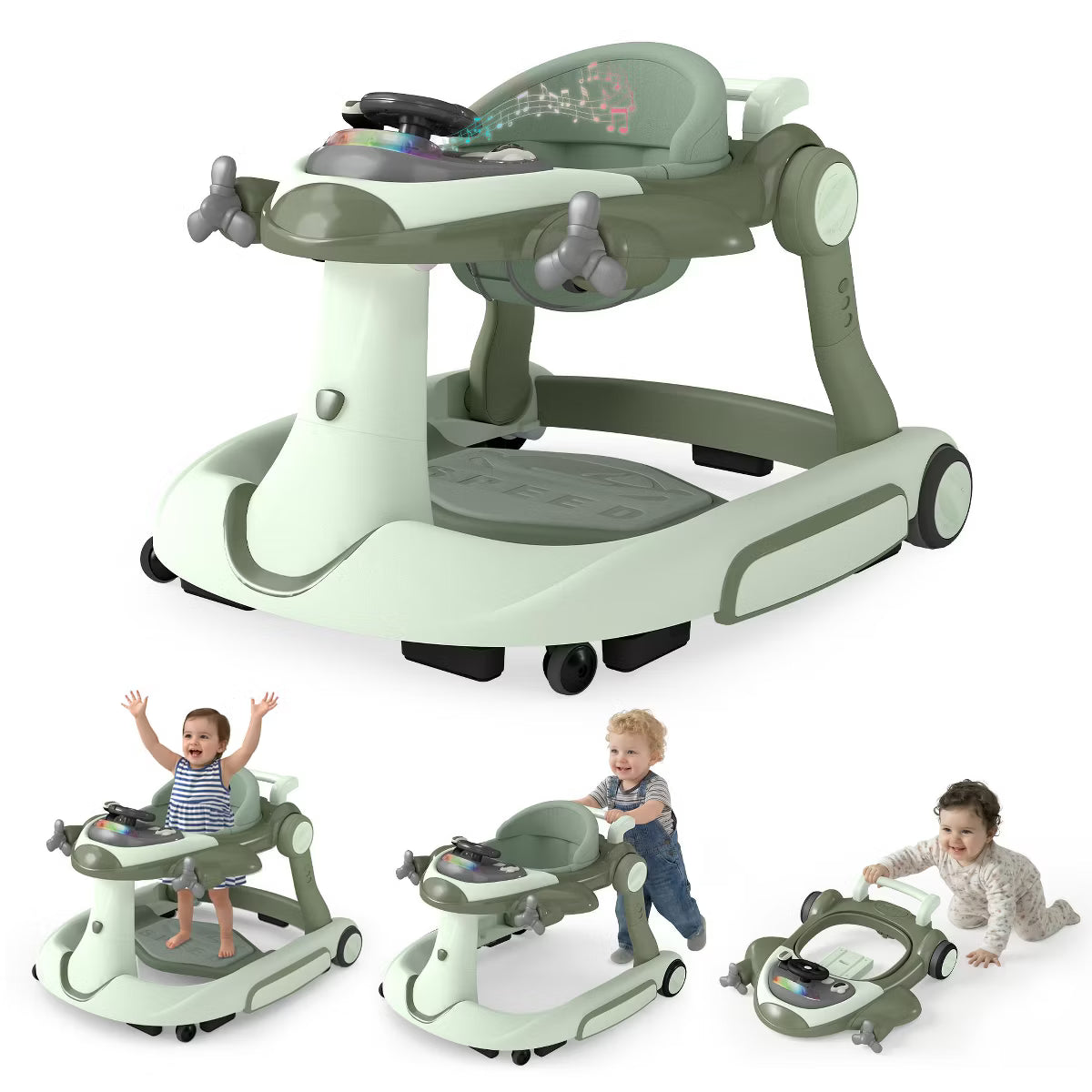 TODECARE 6-in-1 Baby Walker with Adjustable Height, Foldable Design & Speed-Control Wheels, Easy-Clean Seat, Green