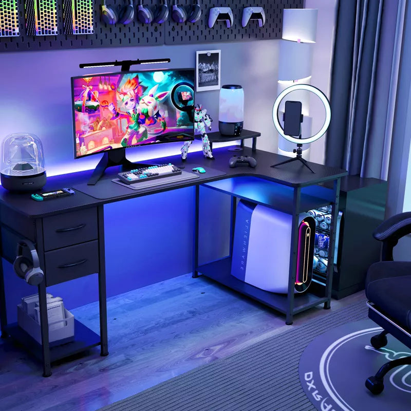 GTRACING L Shaped Gaming Desk with 2 Drawers, Adjustable Shelf Height, Carbon Fiber Office Computer Desk