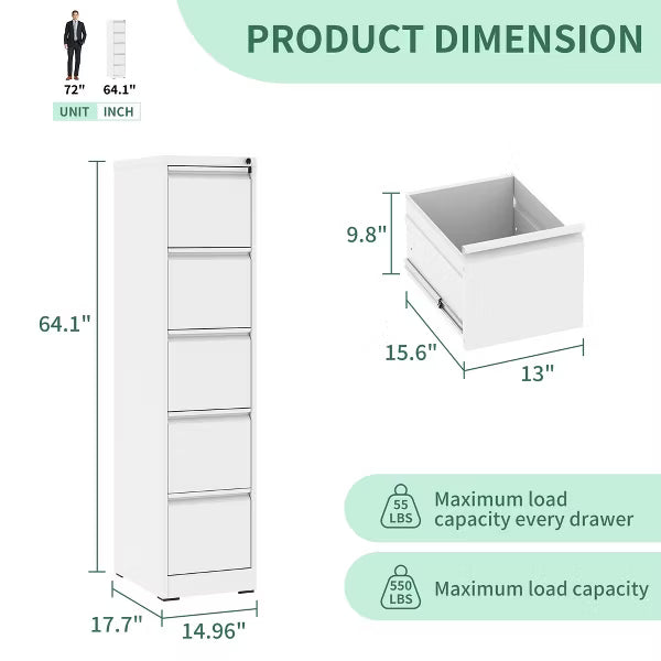 Munora - 5-Drawer Vertical File Cabinet with Lock - Heavy Duty for Letters/Legal/A4 Files - White