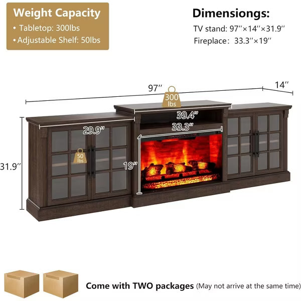 AMERLIFE Fireplace TV Stand, 97", Adjustable Shelf, Large Storage, Media Console