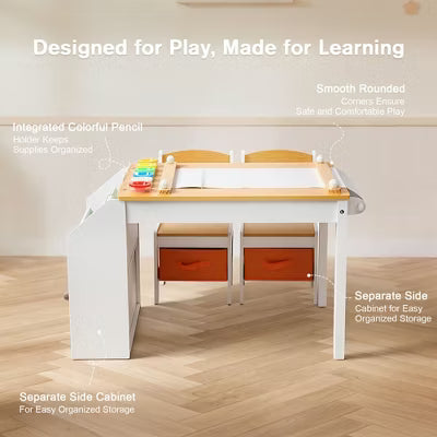 TODECARE 4-in-1 Kids Table & Chairs Set with Whiteboard, Chalkboard, and Storage, Design for Study, Play, and Snack Time, Natural