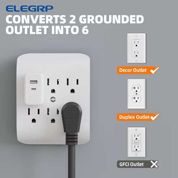 ELEGRP 6 Outlet Extender with Central Anchor, 3 Prong Grounded Wall Tab, Multiple Outlet Extender with 6 Electrical Outlets, ETL Listed, White 2 Pack