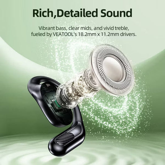 VEATOOL T6 Open Ear Headphones,Bluetooth 5.4 Wireless Earbuds,60H Playtime Stereo Sound Earphones,Air Conduction IPX7 Waterproof Open Ear Earbud