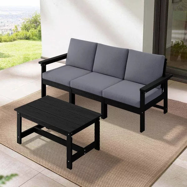 Hyleory Modern HDPE 3-Seater Sofa Set with Removable Soft Cushions and Wide Slat Coffee Table - Durable Weather-Resistant Easy-Clean Design