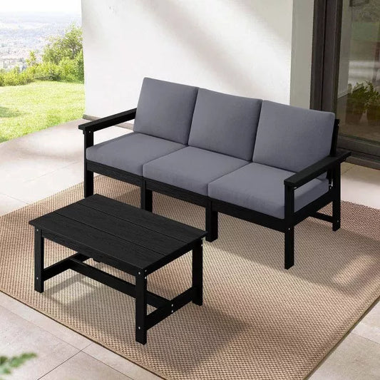 Hyleory Modern HDPE 3-Seater Sofa Set with Removable Soft Cushions and Wide Slat Coffee Table - Durable Weather-Resistant Easy-Clean Design