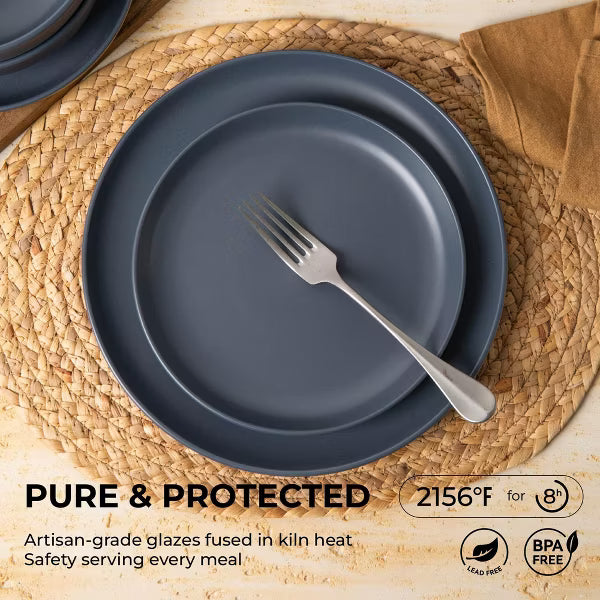 12-Piece Stoneware Dinnerware Set for 4, Includes Dinner Plates, Salad Plates and Bowls, Microwave and Dishwasher Safe，Slate Blue