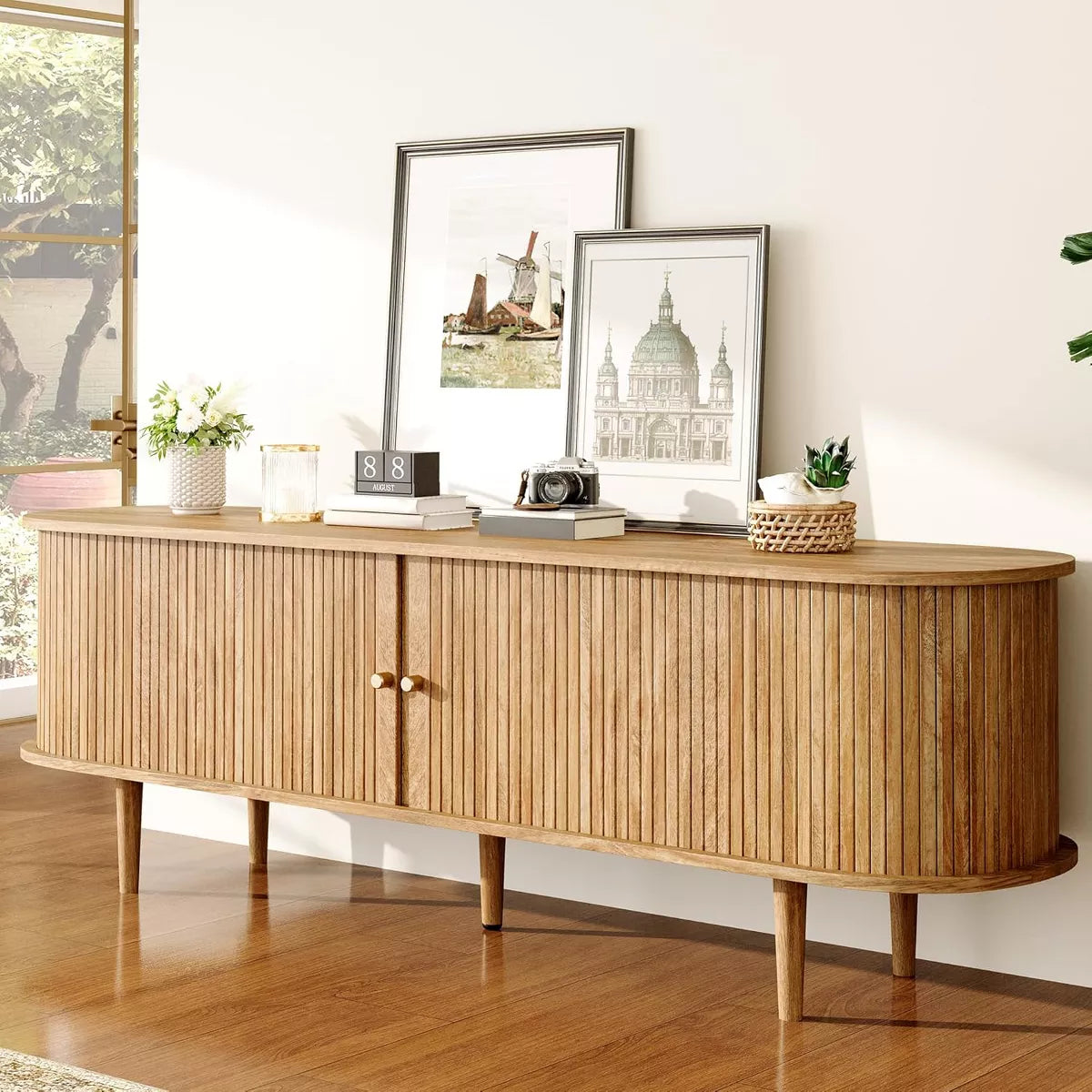 AMERLIFE 70" TV Stand with Solid Wood Legs, Mid Century Modern TV Console with Tambour Door