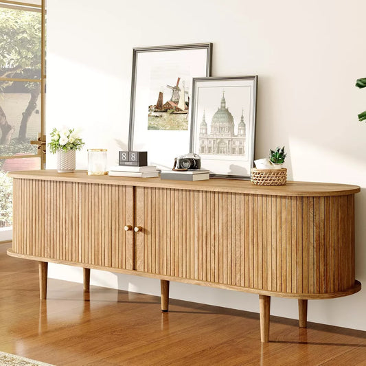 AMERLIFE 70" TV Stand with Solid Wood Legs, Mid Century Modern TV Console with Tambour Door