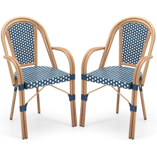 BOSMILLER French Bistro Chairs Set of 2, Hand-Woven PE Rattan Outdoor Armless Dining Chairs with Metal Frame for Garden Balcony, White/Black