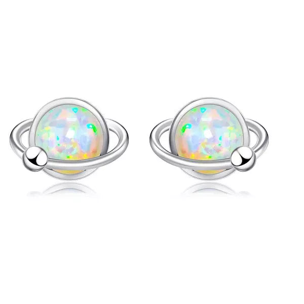 Molenia Tiny Opal Planet Earrings for Women, 925 Sterling Silver Post White Opal Stud Space Earrings Butterfly Back Jewelry Gifts for Her Women