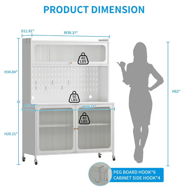 Munora - White Metal Bakers Rack with Flip Door Cabinet & Pegboard - Microwave Stand with Storage for Kitchen/Pantry