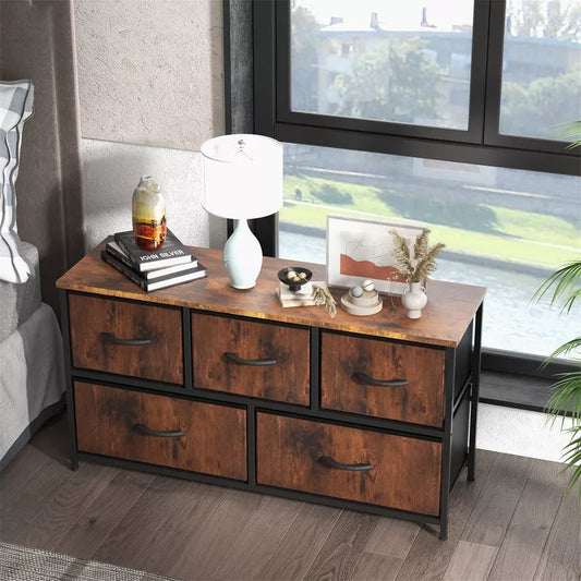 Resenkos 5-Drawer Bedroom Dresser: Spacious Chest with Storage Tower, Furniture Organizer Unit for Bedroom, Living Room, or Hallway Brown