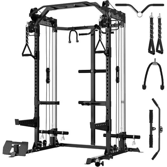 ER KANG Power Cage, 2000LB Squat Rack, Dual Pulley Cable Crossover System, Multi-function Free Weight Home Gym Workout Machine with Attachments