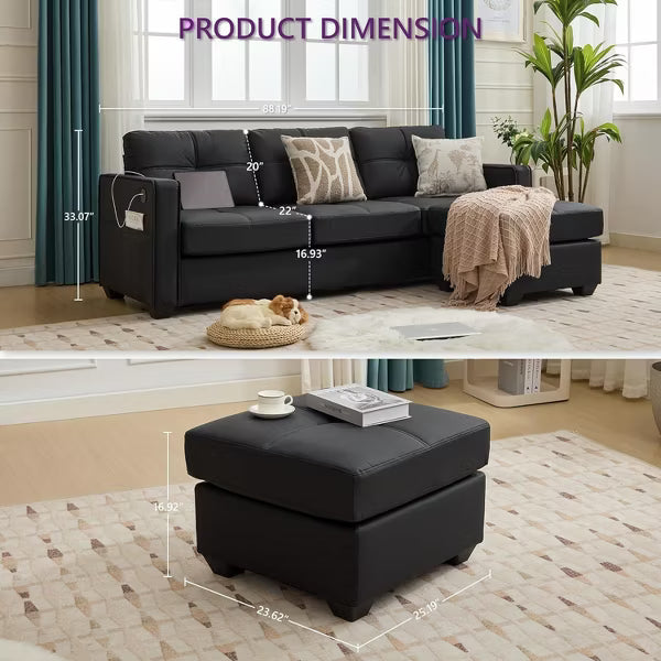 TYBOATLE 88" Faux Leather L-Shaped Sectional Sofa, Comfy Modular Couch with Chaise & USB, Convertible Sofa for Living Room, Bedroom, or Small Spaces