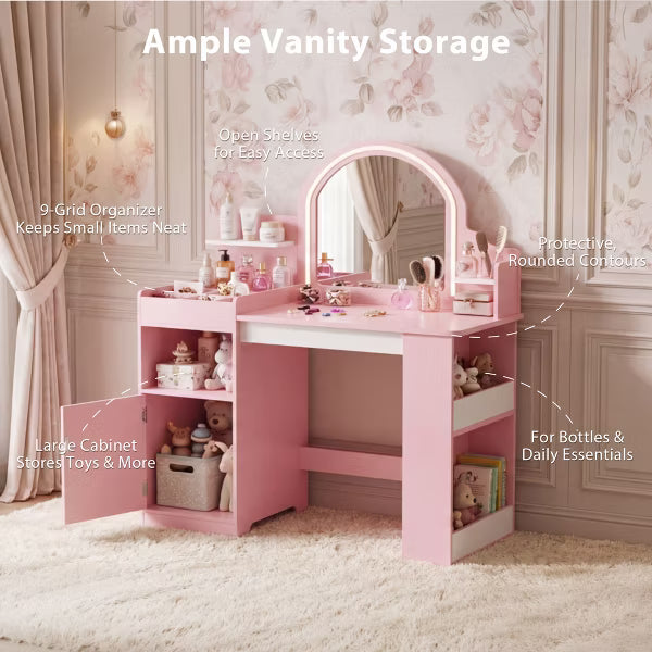 TODECARE Kids Vanity Set with Lighted Mirror, Chair, Bookshelf, Drawers & Storage Cabinet, Girls Makeup Vanity Table