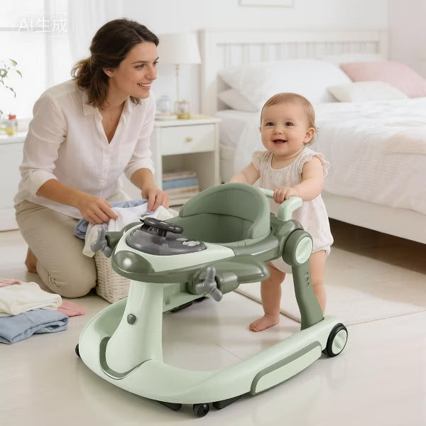 TODECARE 6-in-1 Baby Walker with Adjustable Height, Foldable Design & Speed-Control Wheels, Easy-Clean Seat, Green