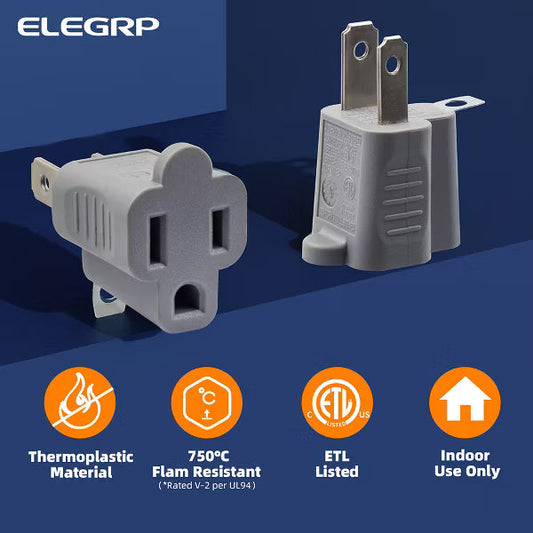 ELEGRP 2 Prong to 3 Prong Outlet Plug Adapter, Three Prong to Two Prong Adapter Converters for Wall Outlets Plugs, ETL Listed, 10 Pack, Gray