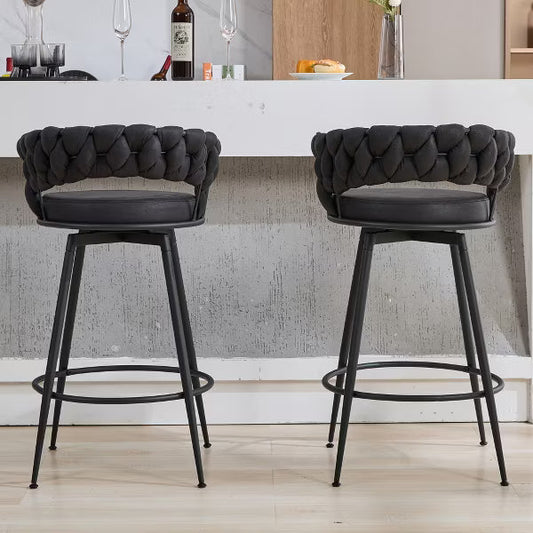 DYHOME Swivel Bar Stools Set of 2, 24" Counter Height Kitchen Stools with Back, Suede & Woven Backrest, 360 Roating Metal Frame Barstools