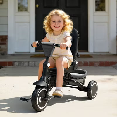 TODECARE Kids Tricycle, 7-in-1 Folding Trike with Adjustable Push Handle, Canopy & 1-Step Brake, Gray