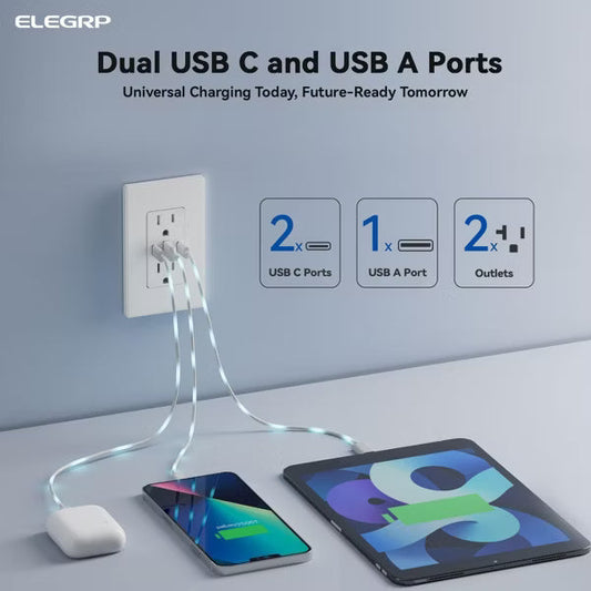 ELEGRP 30W 6.0 Amp 3-Port USB Wall Outlet, 15A Duplex Receptacle with Dual Type C & A Ports, UL Listed, w/Wall Plate,Matte White 1PC
