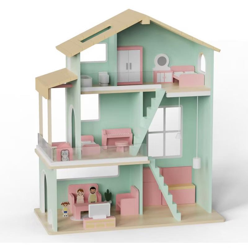 Kinder King Pretend Play Wooden Doll House Interactive Accessories, 3-Story Modern Toy Dollhouse Playset