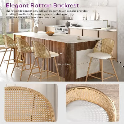 TYBOATLE Bar Stools Set, 29" Rattan Swivel Barstools with Faux Leather, Boho Mid-Century Modern Upholstered Bar Chairs for Kitchen Island