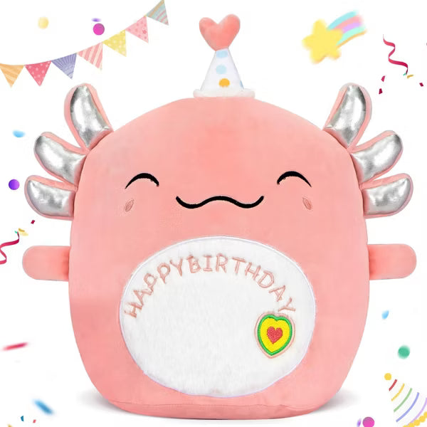 TITQWOP 14" Happy Birthday Axolotl Plush Axolotl Stuffed Animal Pillow Cute Axolotl Toy Gift for Kids Boys Girls
