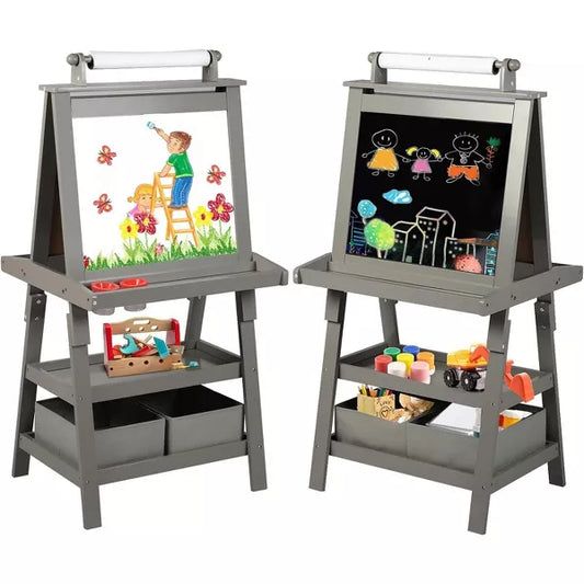 Kinder King 3 in 1 Kids Art Easel w/Storage Double-Sided Magnetic Whiteboard & Chalkboard Dry-Erase Board w/Paper Roller