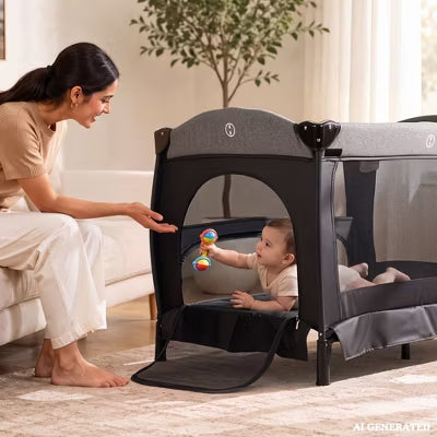TODECARE 5-in-1 Baby Playard with Bassinet, Bedside Sleeper, Changing Table, Canopy & Side Zipper, Portable Baby Playard