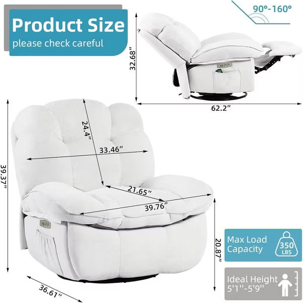 DYHOME Swivel Power Recliner Chair, Massage Rocker Recliners with Heated ,USB, USB-C and Side Pocket - White
