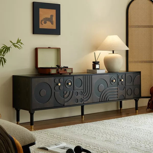 LOVSON 70.8'' Mid-Century TV Stand with 4 Cabinet Storage Multimedia Console, Wood Entertainment Center for 55+ Inch TV, Living Room,Black