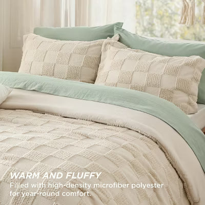 3 Pieces Bedsure Full Size Comforter Set Beige Tufted Checkboard Boho Tufted Checkered Farmhouse Shabby Chic Bedding Valentine gift OEKOTEX Certified