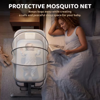 TODECARE 3-in-1 Convertible Baby Bassinet Bedside Sleeper with Adjustable Height, Wheels & Mosquito Net, Gray