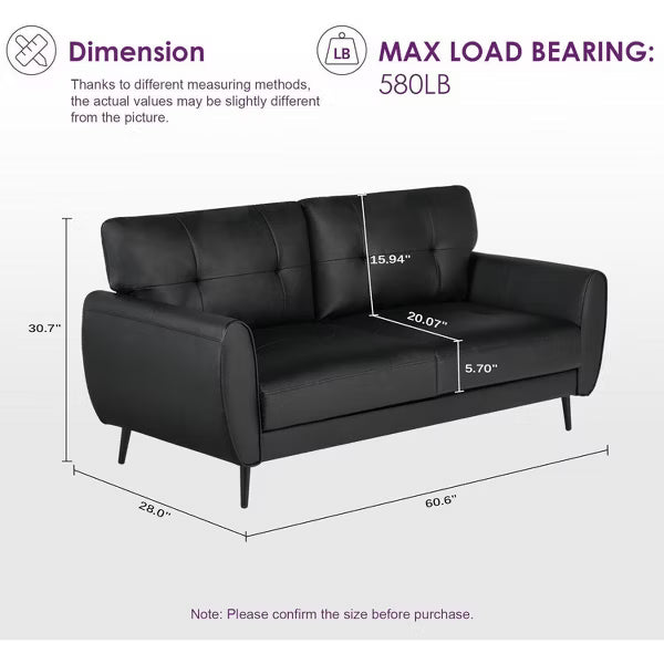 TYBOATLE 61" Faux Leather Loveseat Sofa, Mid-Century Modern Tufted Couch for Small Spaces, Comfy 2-Seater for Living Room, Bedroom, Office