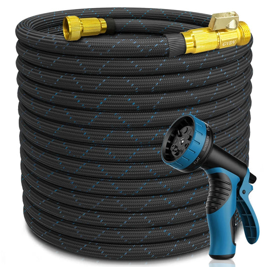GVDV 100 Ft Garden Hose  Durable Fabric Skin Water Hose with 10 Way Spray Nozzle, Explosion Proof, Perfect for Commercial  Residential