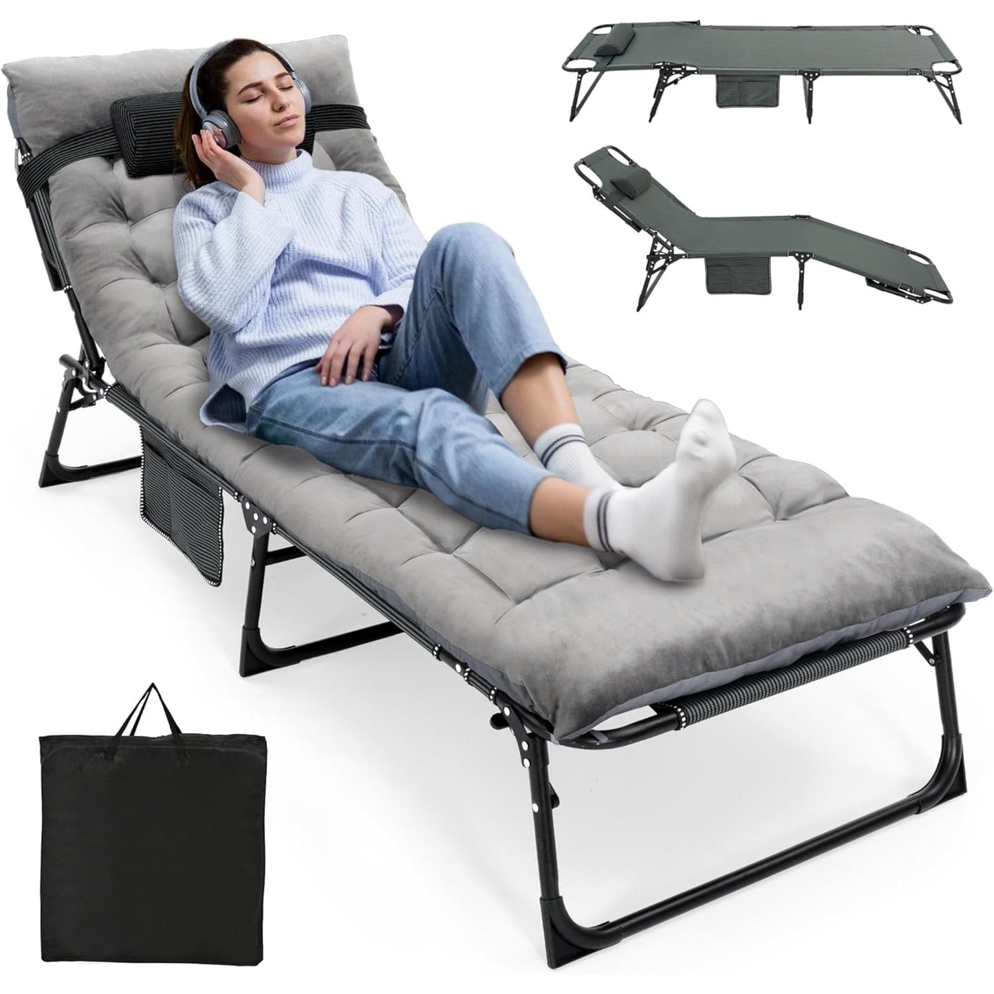 GVDV Portable Folding Camping Cot  2 Sided Comfort Mattress  Pillow, Multi Position Folding Lounge Chair, Oversized Folding Bed Cot for Outdoor, Home, Office