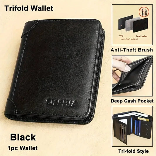 Genuine Leather Rfid Wallets For Men Vintage Thin Short Multi Function ID Credit Card Holder Money Bag Give Gifts To Men On Valentine's Day