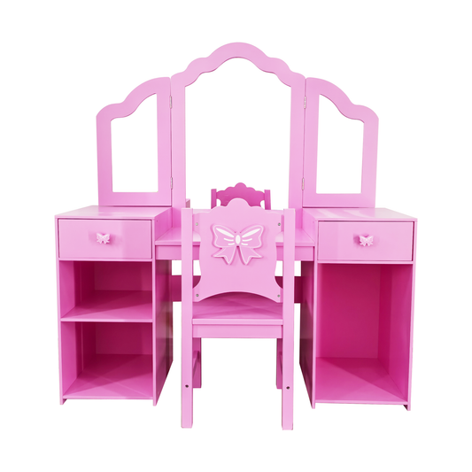 Girls Vanity Set with Mirror and Stool, Wood 2 in 1 Princess Kids Vanity Sets for Girls 3-9 Years Old, Kids Makeup Vanity Table Set with Detachable Top, Storage Cabinet, Pink