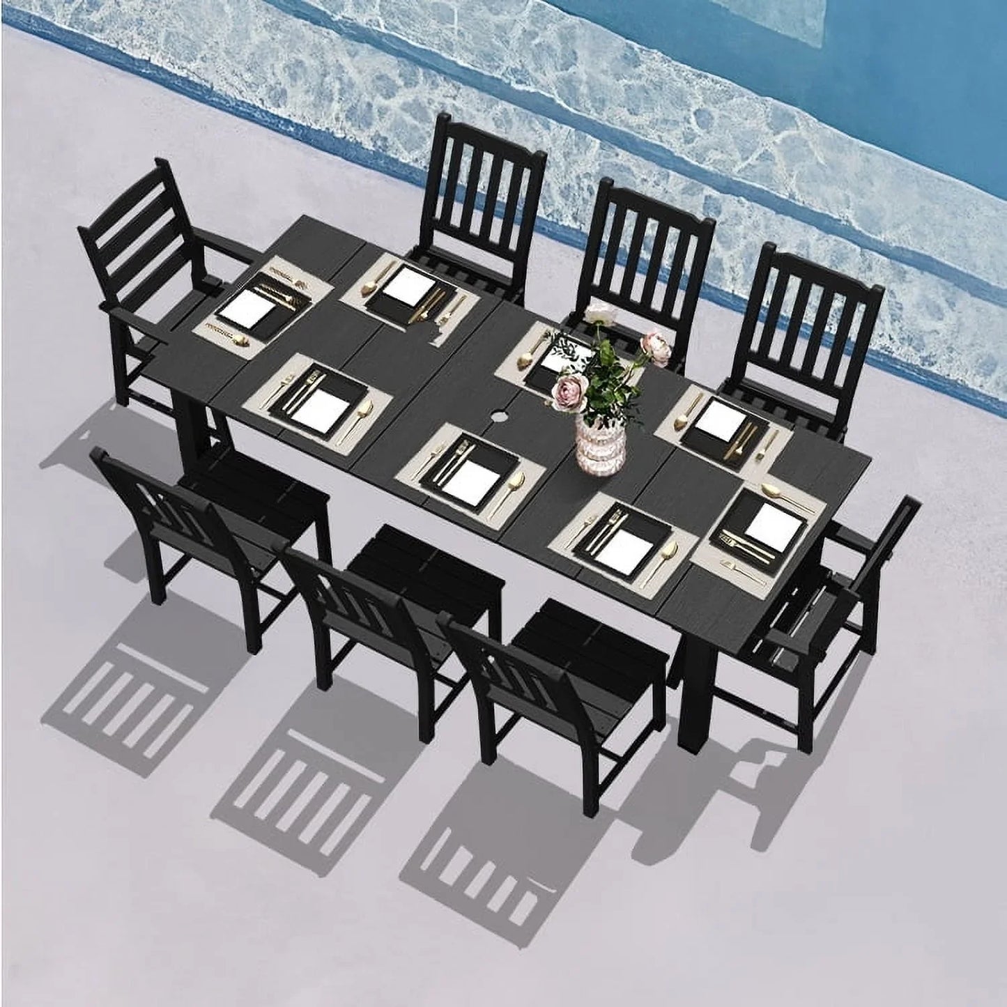 Greforg 9 Piece plastic wood Patio Outdoor Dining Set,with a table and chairs,black