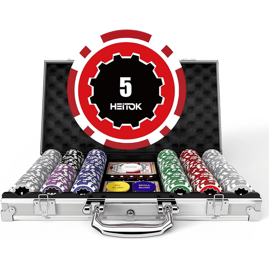HEITOK 300 Piece Poker Chips Set with Denominations 11.5g Weighted Chips, Includes 5 Dice 2 Card Decks in Durable Aluminum Case for Poker Nights Card Games