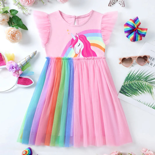 HILEELANG Baby Girl Easter Dresses Short Ruffle Sleeve Cotton Tulle Tutu Pink Unicon Birthday Party Dresses 2T