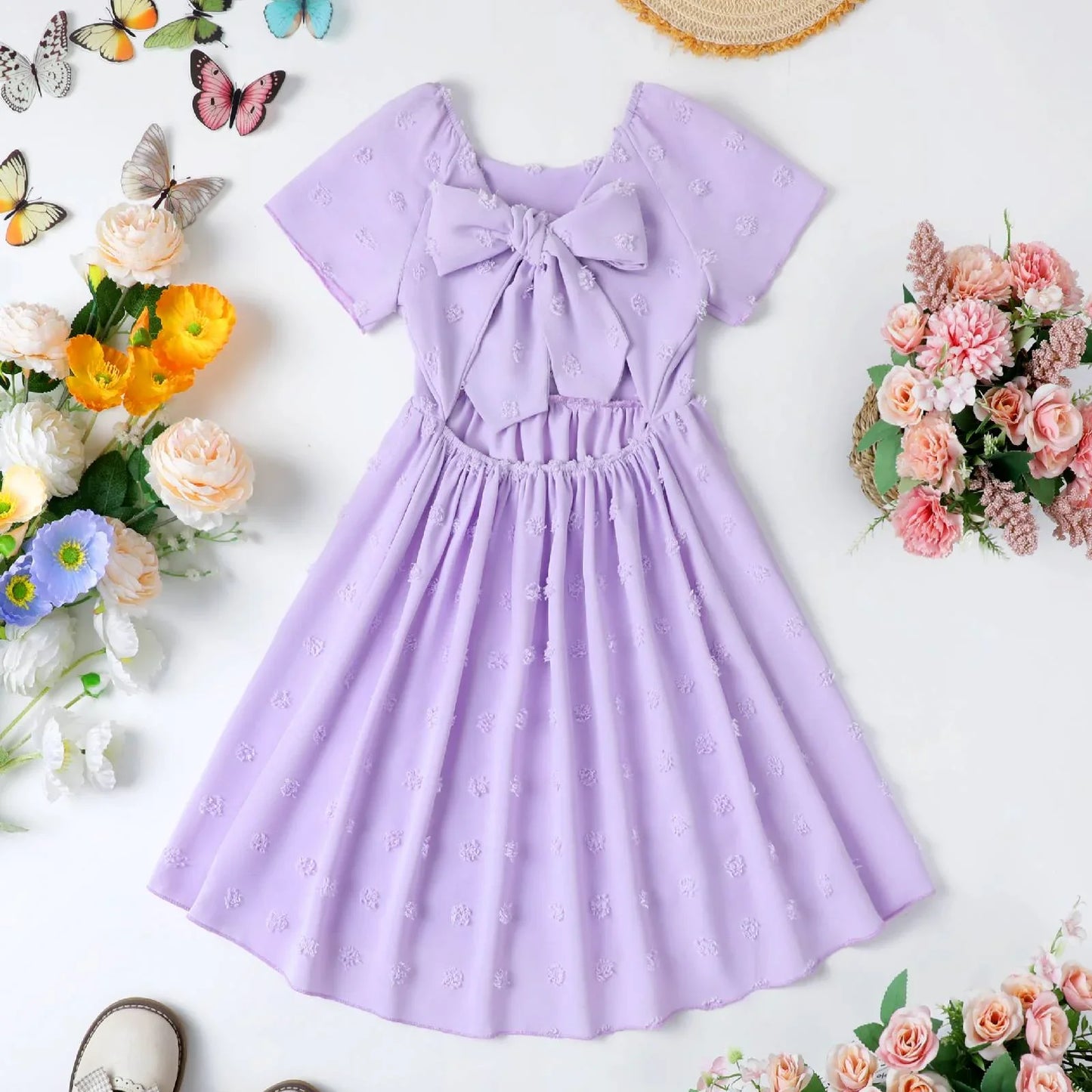 HILEELANG Little Girl Easter Dress Short Sleeve Summer Lavender Casual Tie Back Princess Elegant Party Dress 4-5T