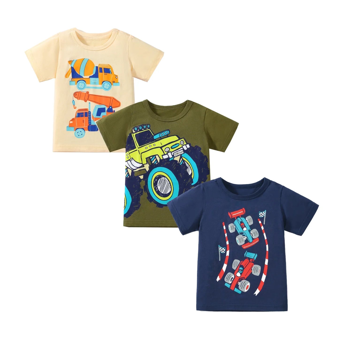 HILEELANG Toddler Boys' Short Sleeve Tees Easter Cotton Casual Excavator Truck Crewneck Summer Top T-Shirts Blue Green 3 Packs Sets 2T