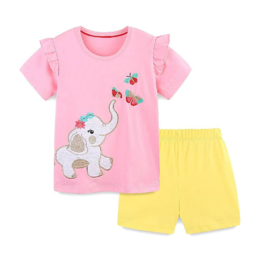 HILEELANG Toddler Girl Summer Short Clothes Sets Outfits Easter Cotton Pink Elephant Tee Shirts Shorts Playwear 2T
