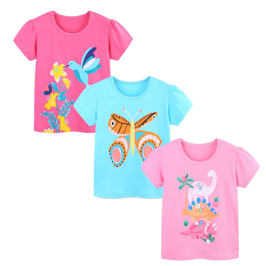 HILEELANG Toddler Girls' Short Sleeve Tees Easter Cotton Casual Butterfly Dinosaur Crewneck Summer Top T-Shirts Pink Blue 3 Packs Sets 2T