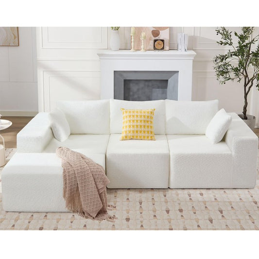 HSUNNS Compression Sofa, 103" Modular Sectional Sofa with Chaise for Living Room, Office and Game Room, No Assembly Convertible Couch with 3 Cushions and 2 Pillows, White