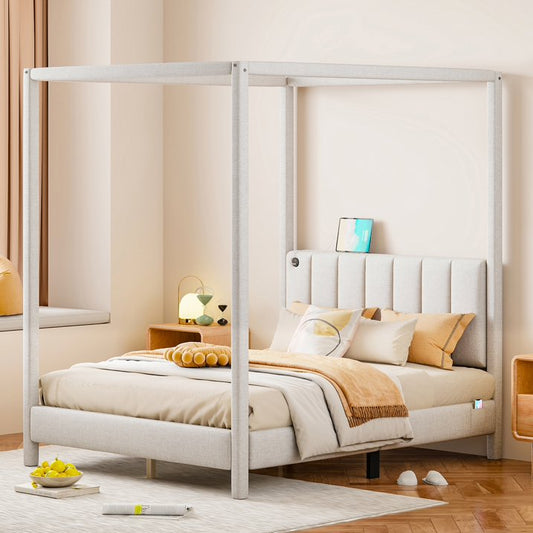 HSUNNS Full Size Canopy Bed Frame, Canvas Platform Bed Frame with USB Type-C Ports and Little Side Pocket, Upholstered Headboard, Easy Assembly, Beige